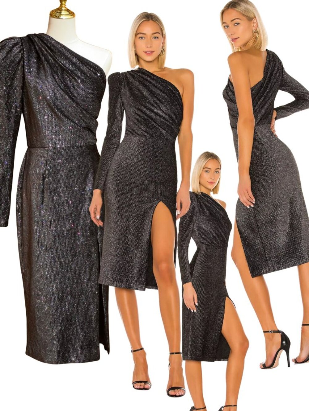 🆕 BRONX & BANCO 🧿NWT Belle One Shoulder Dress, Black Glitter Velvet, Sz M US 6